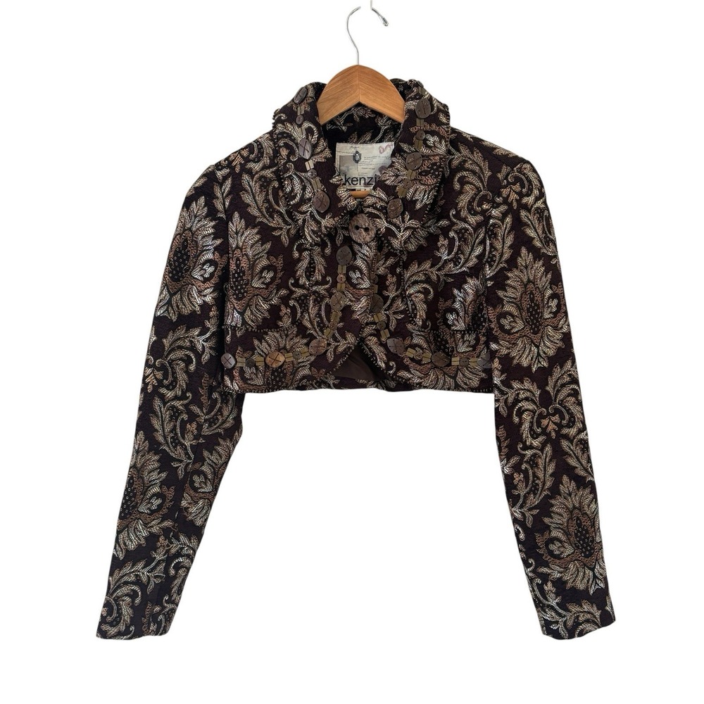 Kenzie Y2K Floral Brocade Bolero Jacket Size 2 Chocolate Brown Boho Office Crop